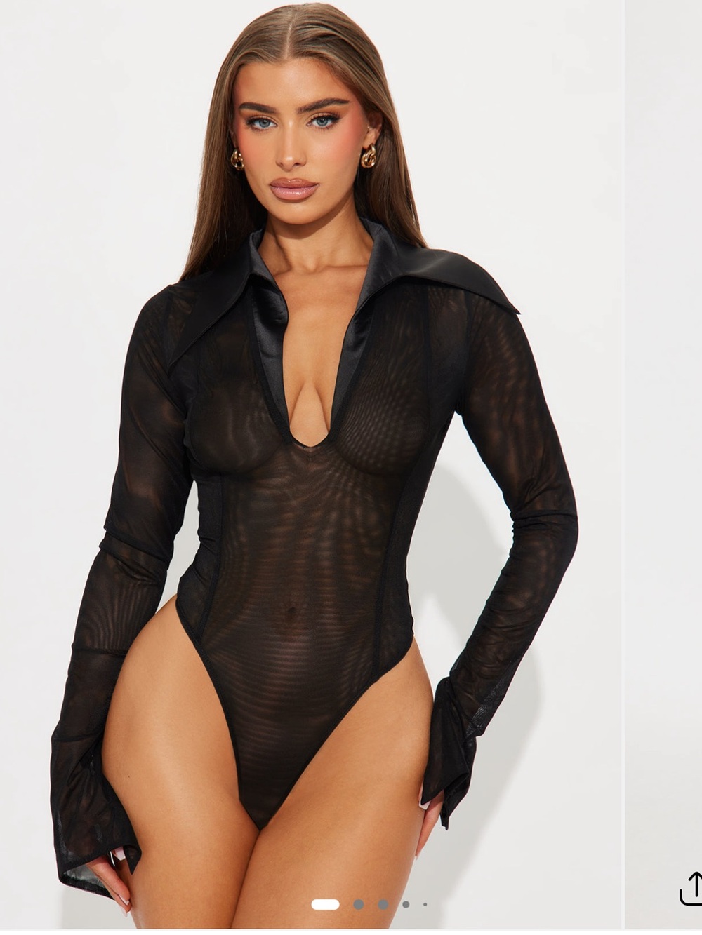Fashion Nova Sheer Black Long-Sleeve Plunge Collar Bodysuit